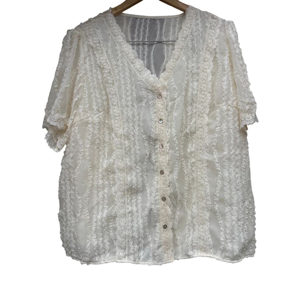 SHEIN Plus Size 2X Ruffle Sheer Button Up Blouse Women’s Dressy Top Elegant Chic